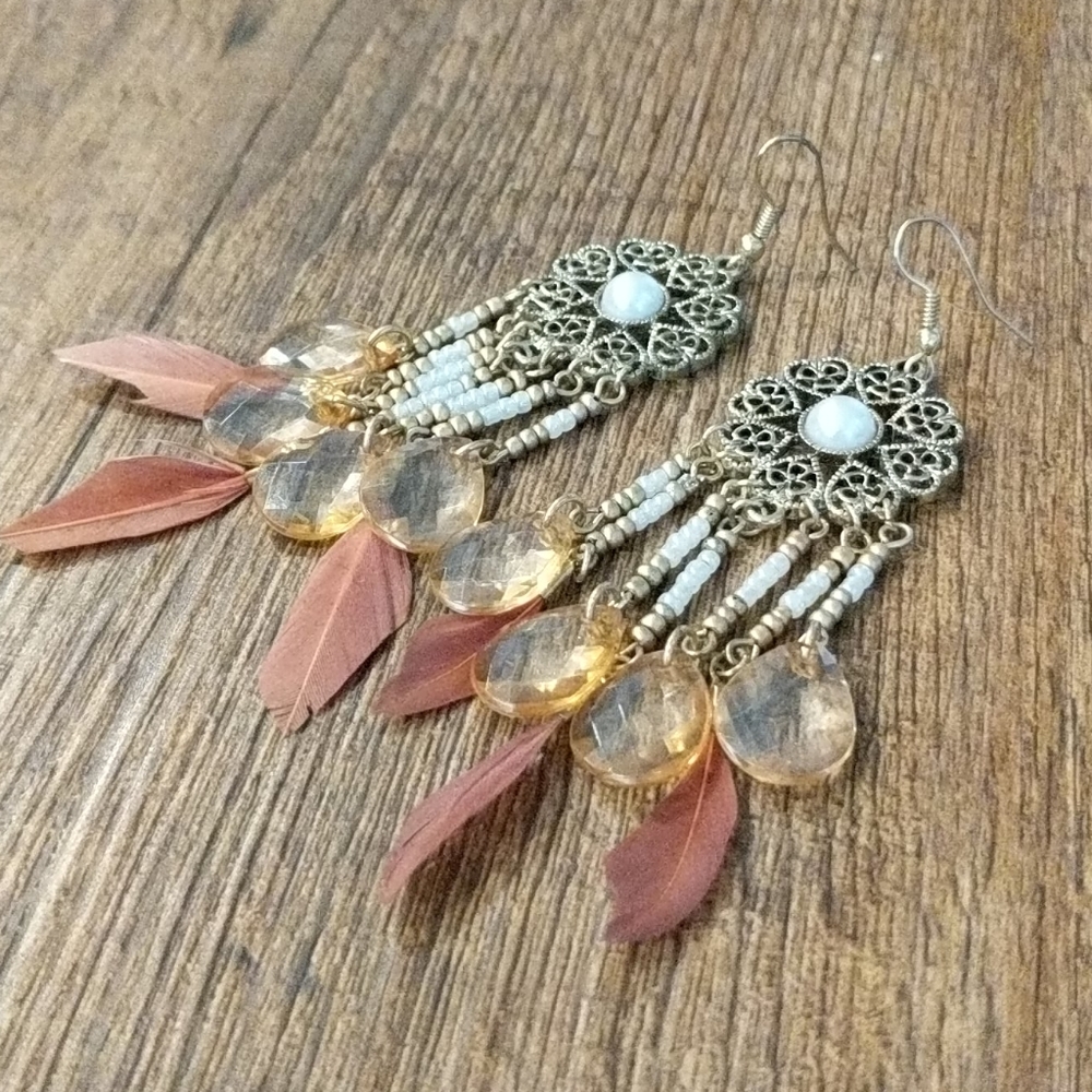 Brown bead & feather earrings
